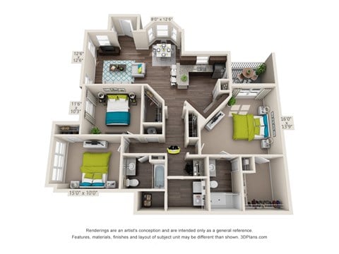 Floor plan for 3 beds, 2 baths, 1429 sqft